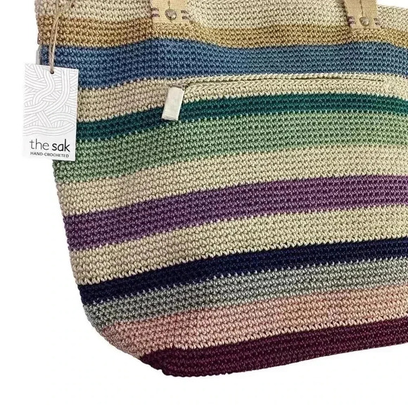 The Sak Mendocino Tote Large Multi Stripe Crochet Double Strap Zip Top Vegan NEW - Picture 3 of 14